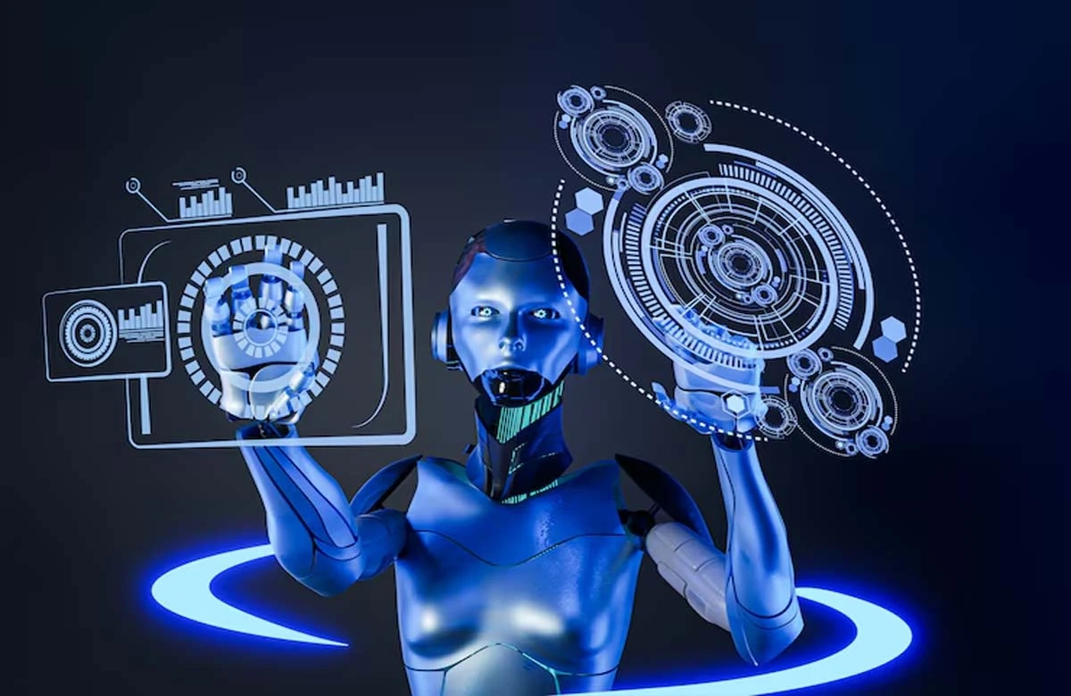 A futuristic robot showcasing advanced AI technology, symbolizing how AI is revolutionizing the future of digital marketing with data analysis and insights.