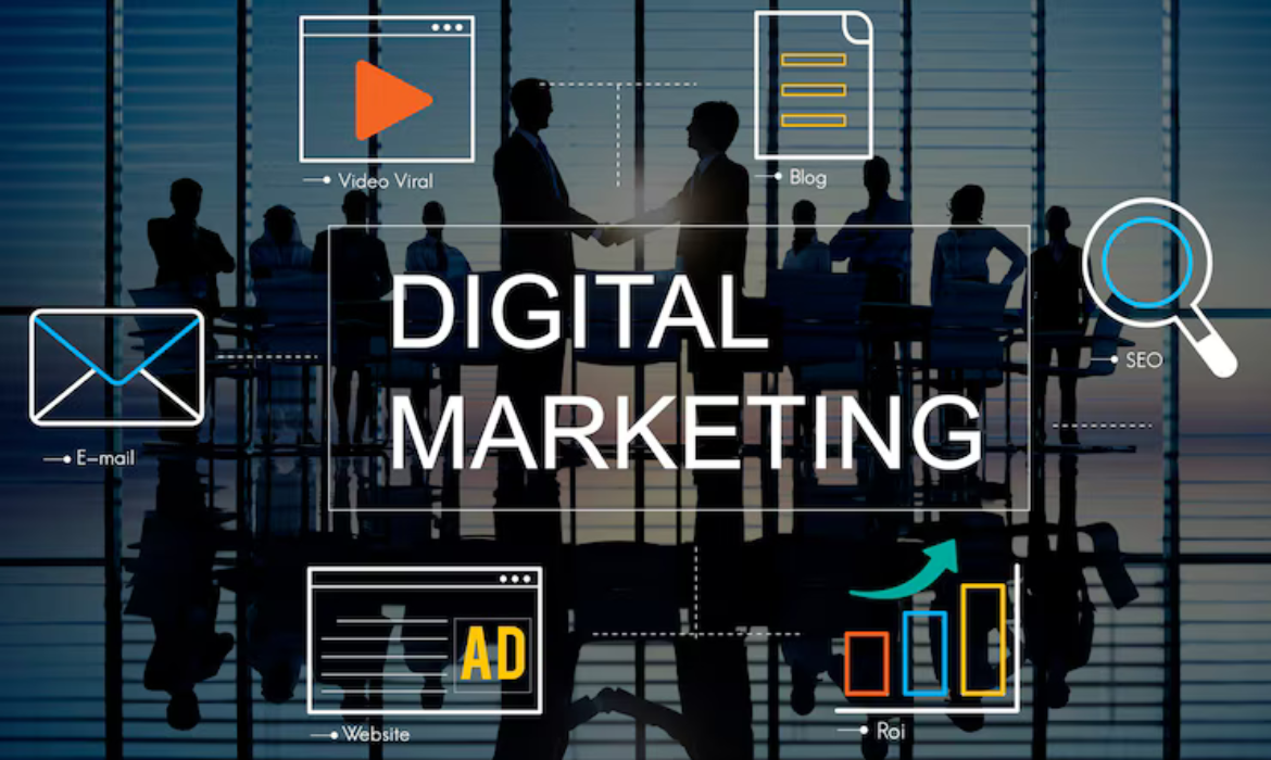 Digital marketing concept with business professionals, SEO, email, ads, and analytics icons – How to Choose the Best Digital Marketing Agency in the UAE?