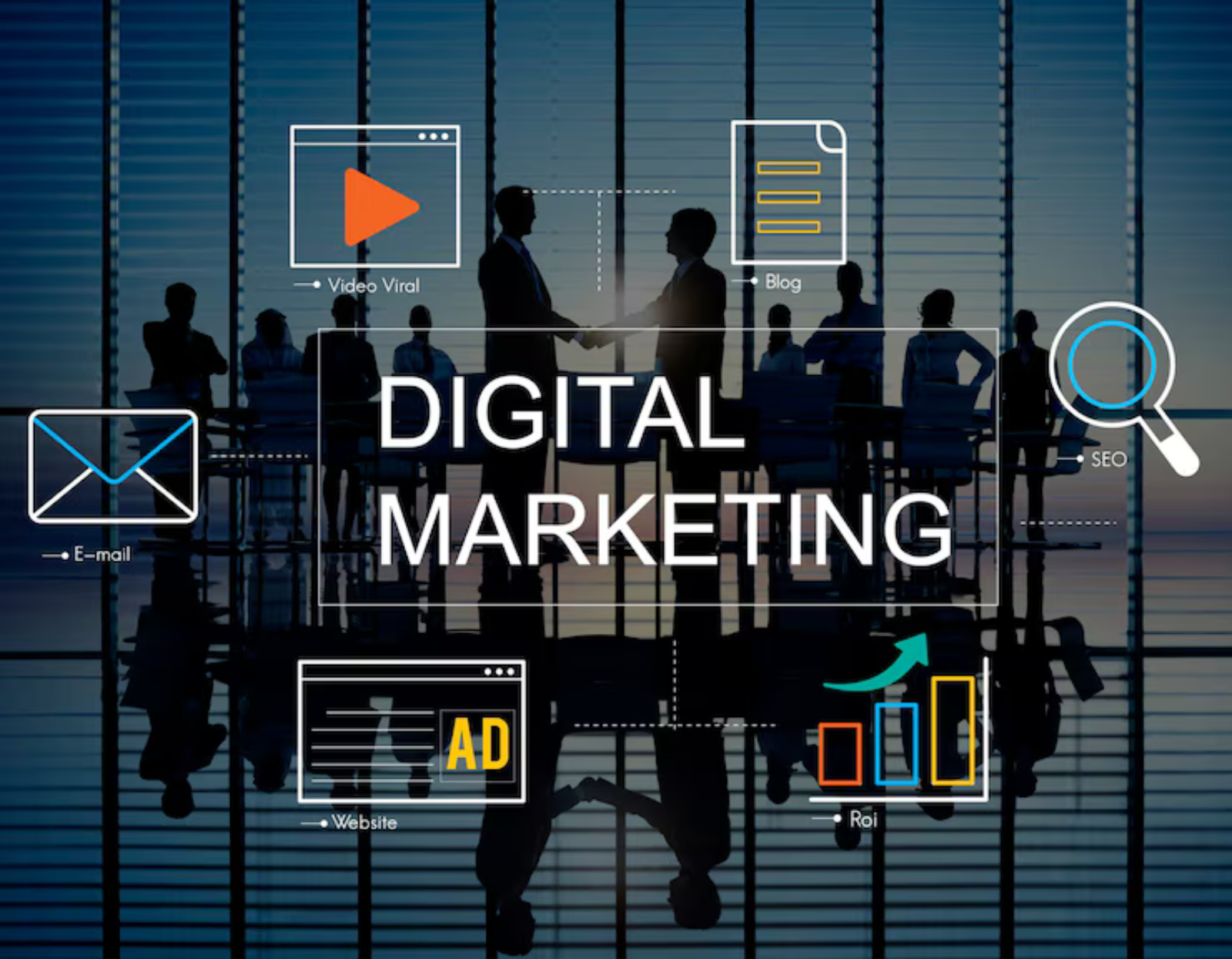 Digital marketing concept with business professionals, SEO, email, ads, and analytics icons – How to Choose the Best Digital Marketing Agency in the UAE?