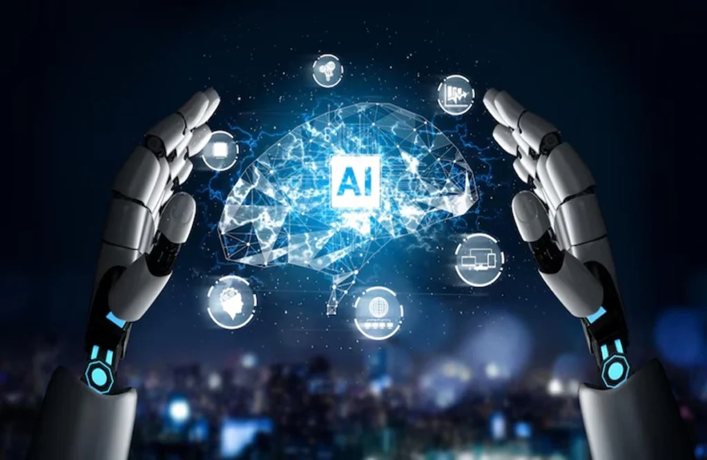 Futuristic AI-powered technology visualized with robotic hands and an AI brain, symbolizing how artificial intelligence will impact and shape digital marketing in 2025.