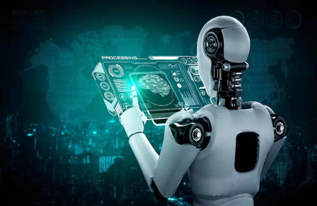 A futuristic AI-powered robot analyzing data on a digital screen, symbolizing how artificial intelligence is shaping the future of personalized experiences in digital marketing.