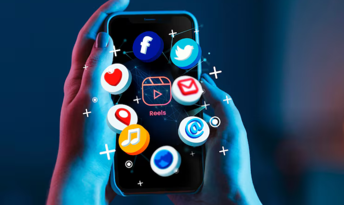 Hands holding a smartphone with floating social media icons, representing social media marketing strategies in Dubai