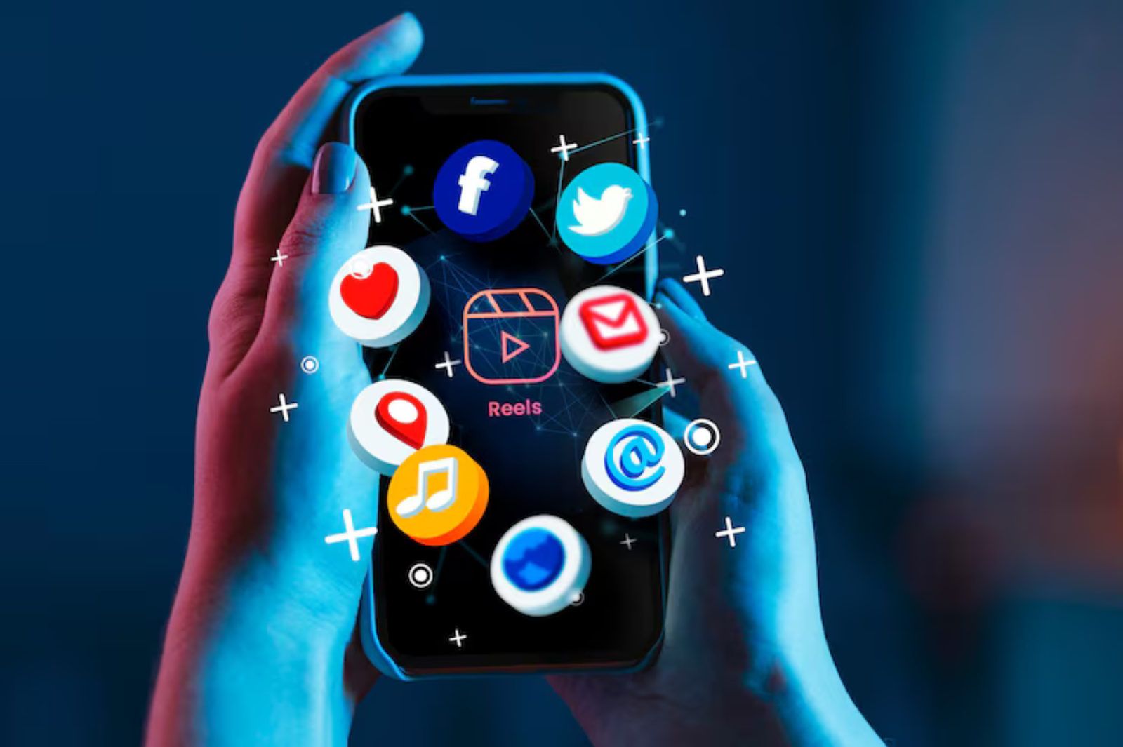 Hands holding a smartphone with floating social media icons, representing social media marketing strategies in Dubai