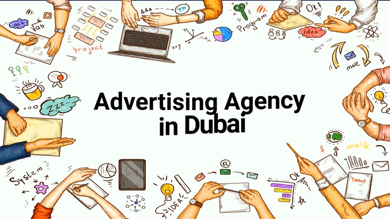 Illustrated workspace with the words “Advertising Agency in Dubai” in the center.