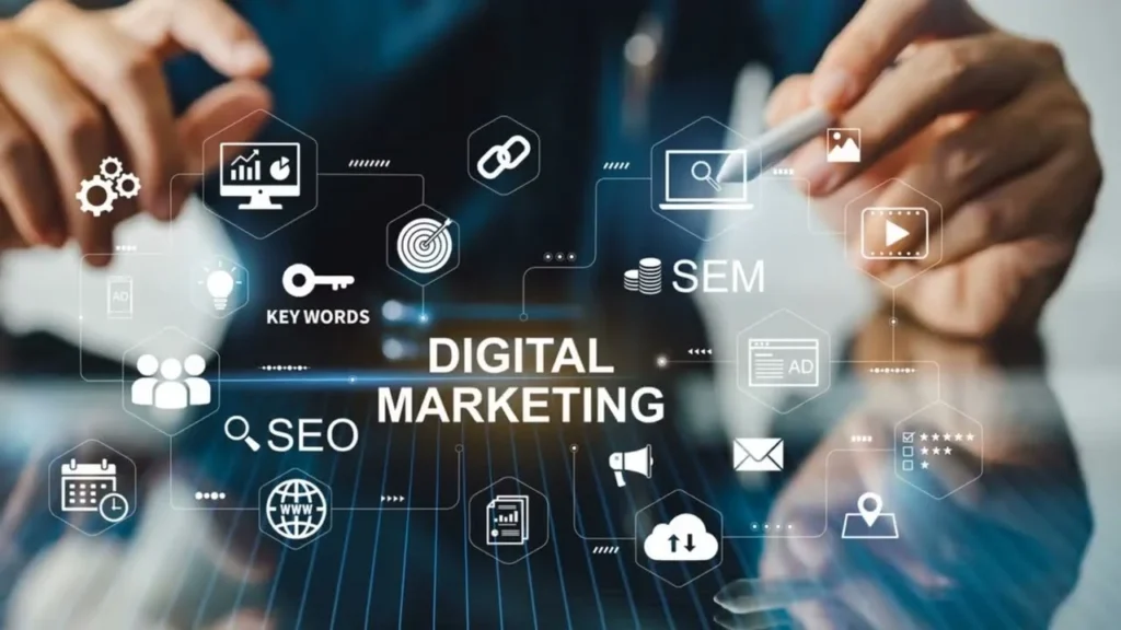 Digital marketing interface with icons like SEO, SEM, and keywords. Advertising Agency based in Dubai