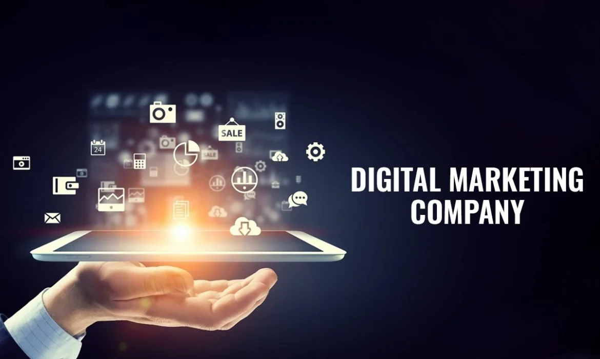 Hand holding tablet with digital marketing icons and text "Digital Marketing Company"