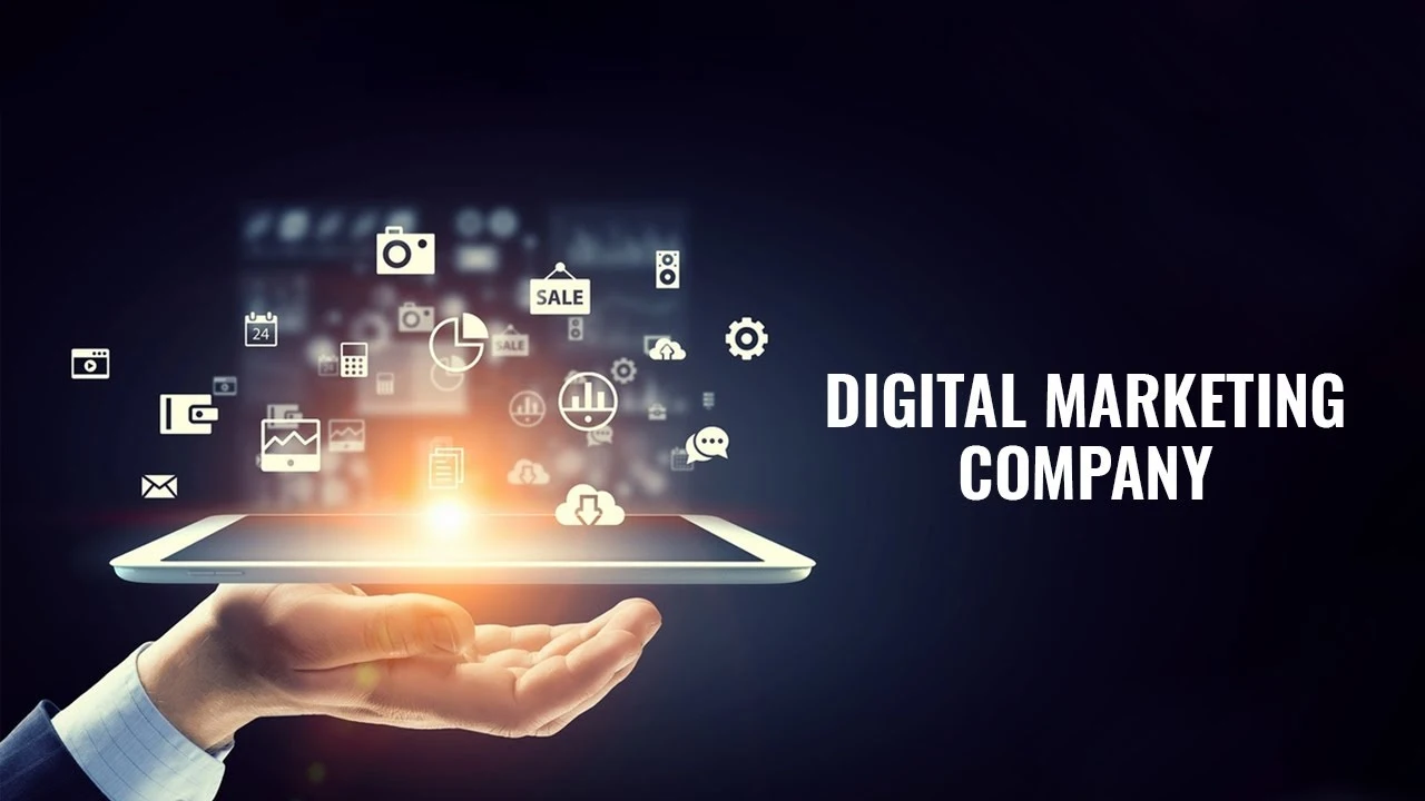 Hand holding tablet with digital marketing icons and text "Digital Marketing Company"