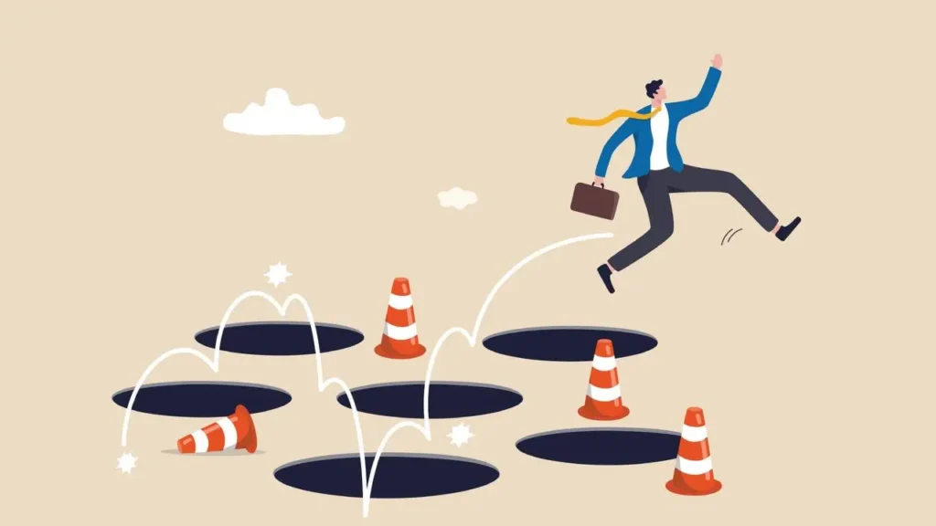 Illustration of a businessman jumping over pitfalls and traffic cones, symbolizing common mistakes in Online Marketing in Dubai.