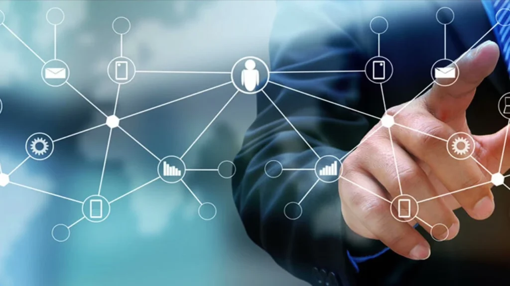 Businessman interacting with a digital network interface representing a digital ecosystem. Ads Agency in Dubai