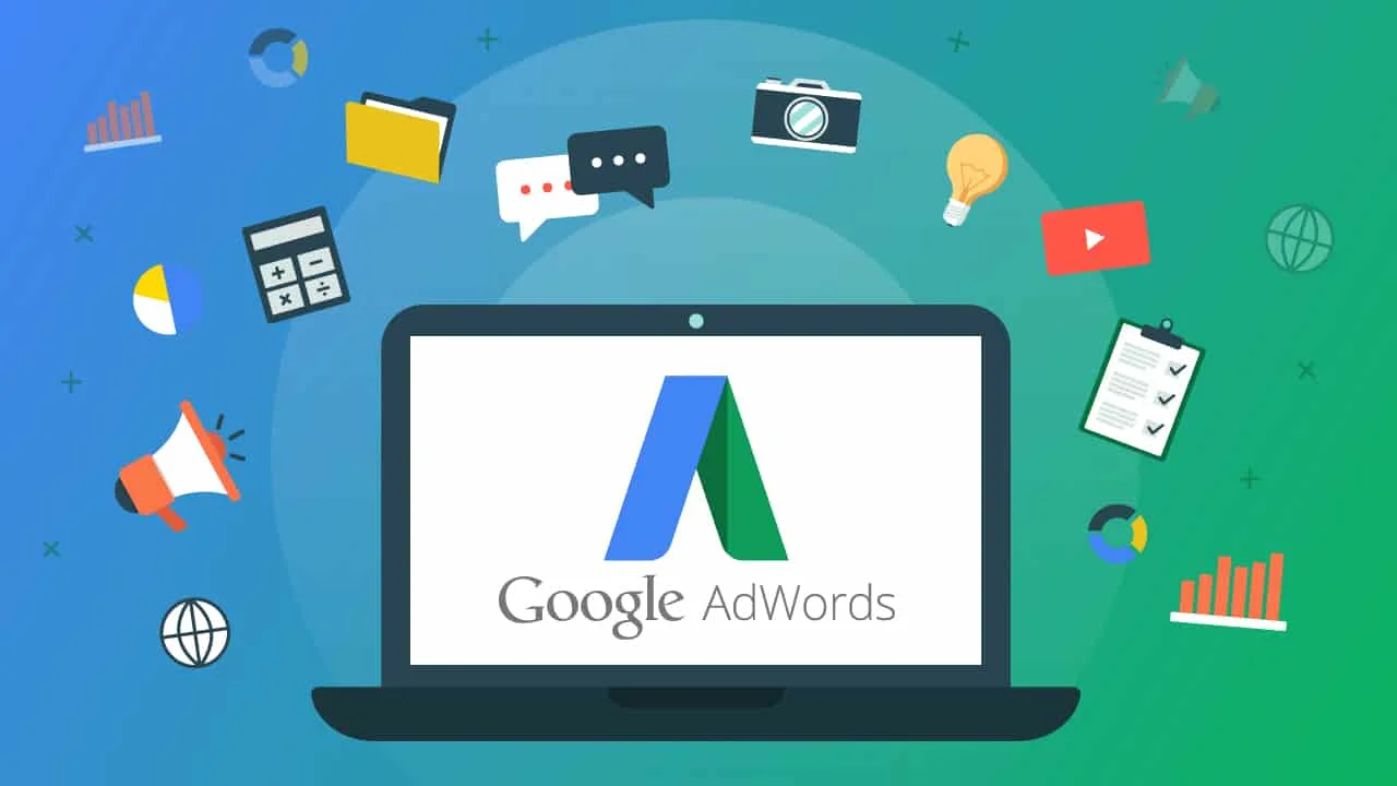Illustration of a laptop displaying the Google AdWords logo, surrounded by digital marketing icons such as a megaphone, graphs, charts, calculator, chat bubbles, lightbulb, camera, and checklist.