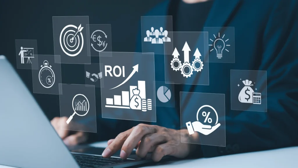 Businessman working on laptop with ROI and marketing strategy icons overlay.