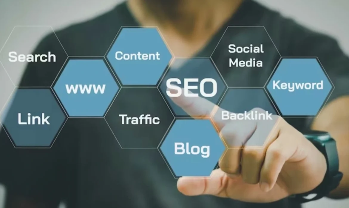 Person tapping virtual SEO interface with keywords like backlink, blog, traffic, and content.