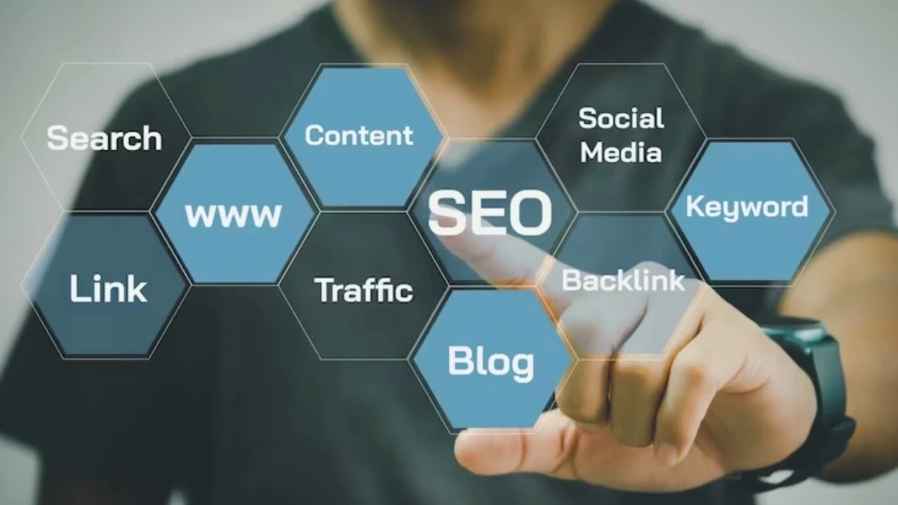 Person tapping virtual SEO interface with keywords like backlink, blog, traffic, and content.