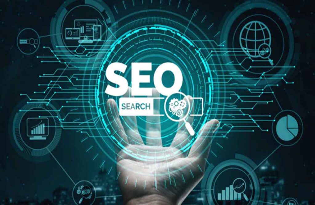 Futuristic hand holding digital SEO interface with icons, representing advanced SEO Optimization Strategies for Dubai.