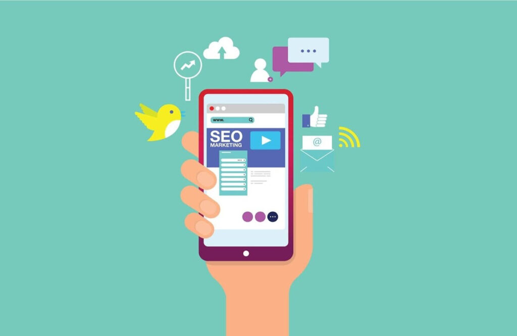 Hand holding smartphone displaying SEO marketing with icons, symbolizing mobile-focused SEO Optimization Strategies for Dubai.