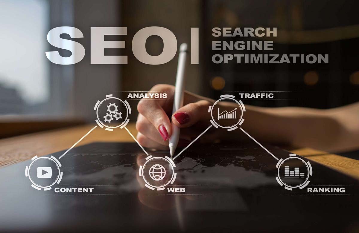 Person using stylus on tablet with SEO elements like content, analysis, and ranking, representing SEO Optimization Strategies for Dubai.