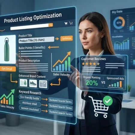 Woman analyzing e-commerce product data on a transparent digital screen in a modern office.