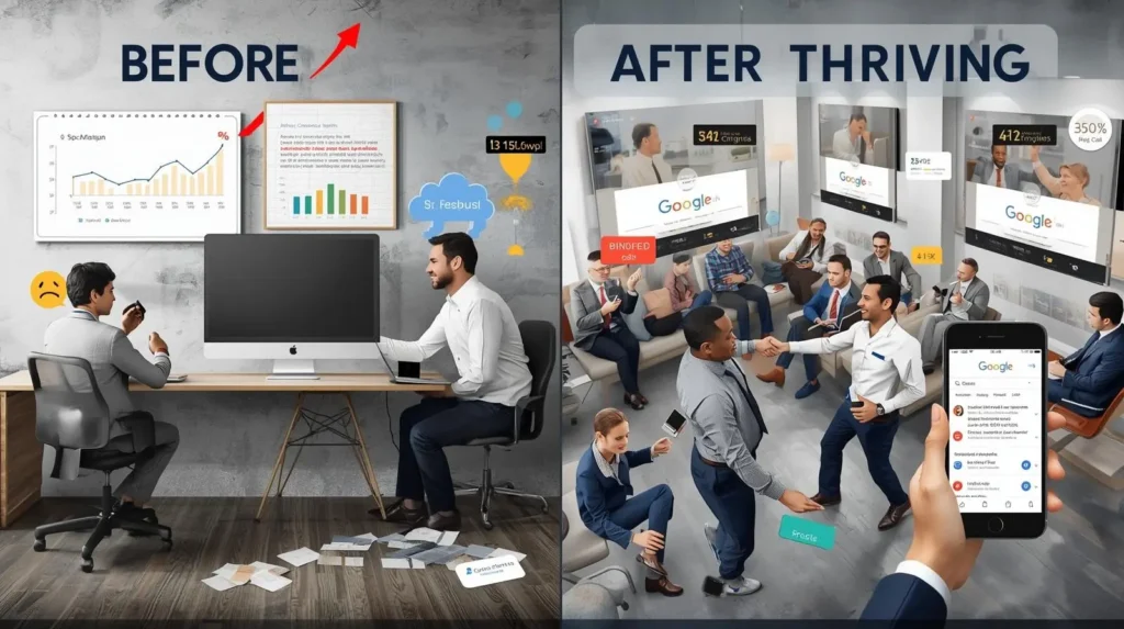 Before and after comparison showing law firm growth through SEO with increased consultations, phone calls, and new client acquisition metrics