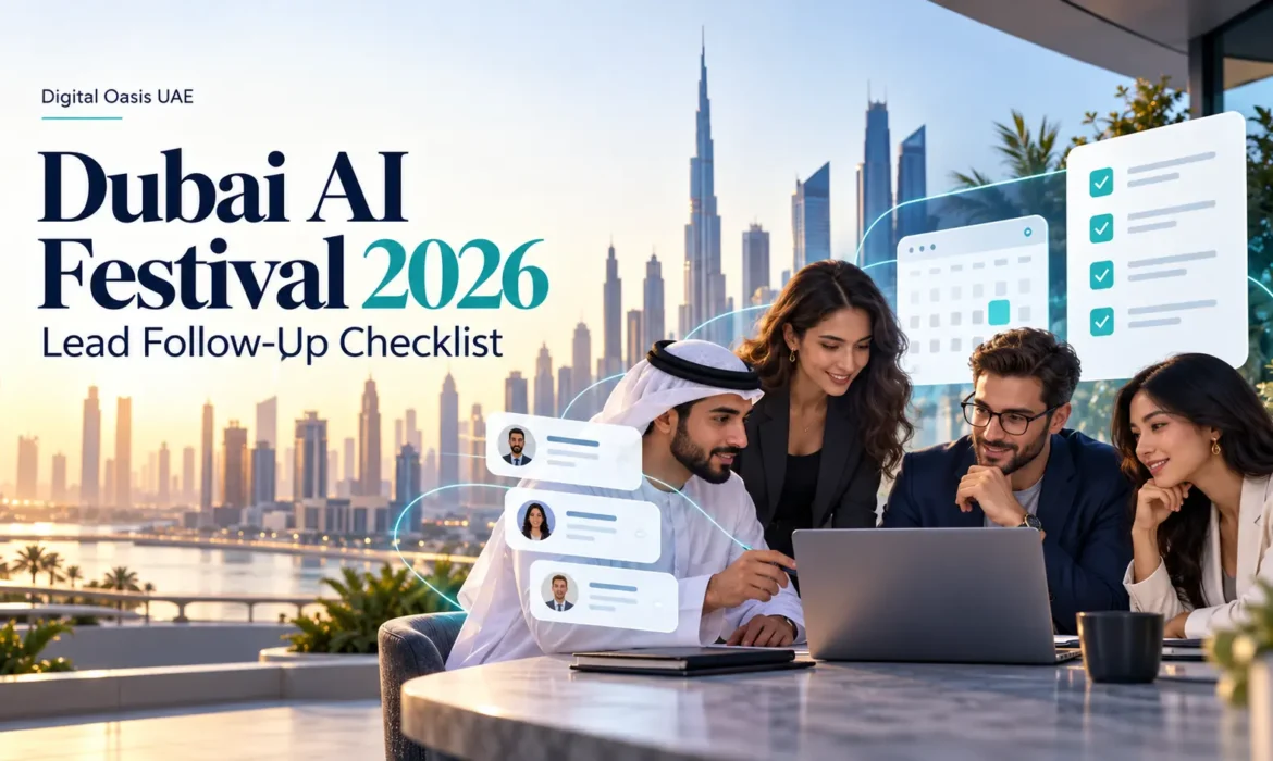 AI and SaaS team reviewing a laptop beside CRM contact cards, a calendar and a checklist, with the Dubai skyline behind them.