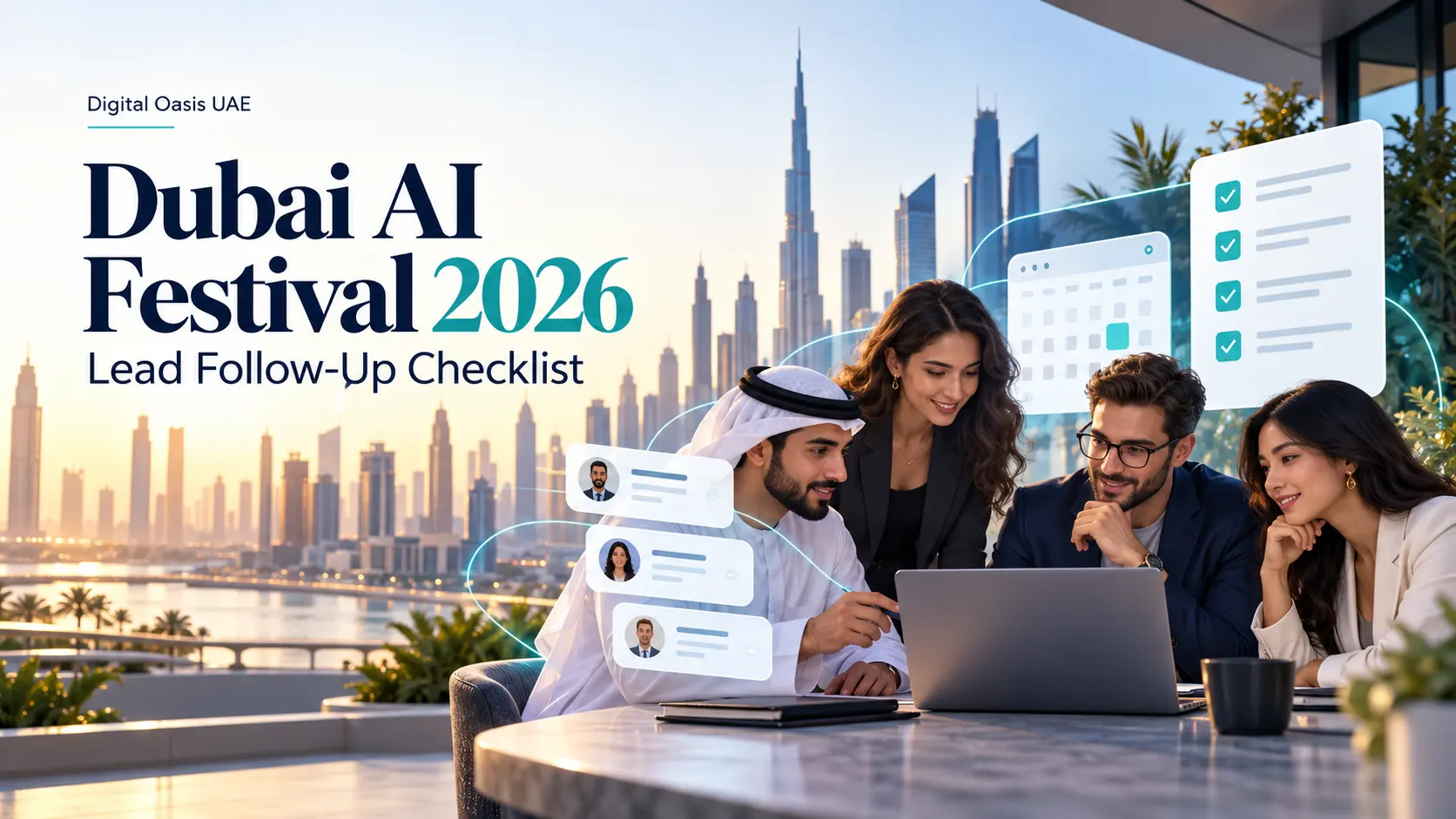 AI and SaaS team reviewing a laptop beside CRM contact cards, a calendar and a checklist, with the Dubai skyline behind them.